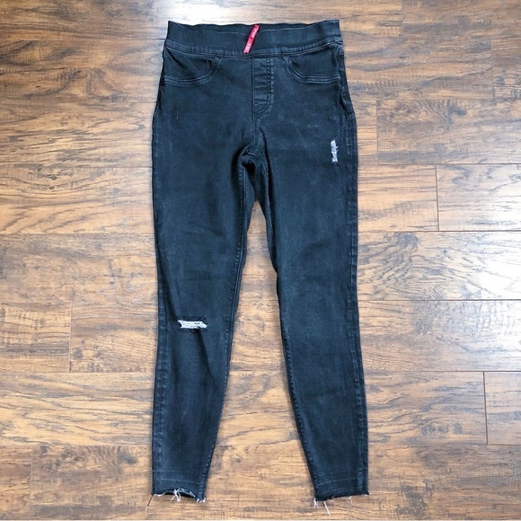 Spanx • Vintage Distressed Ankle Skinny Jeans black pull on raw hem jeggings - Picture 2 of 13